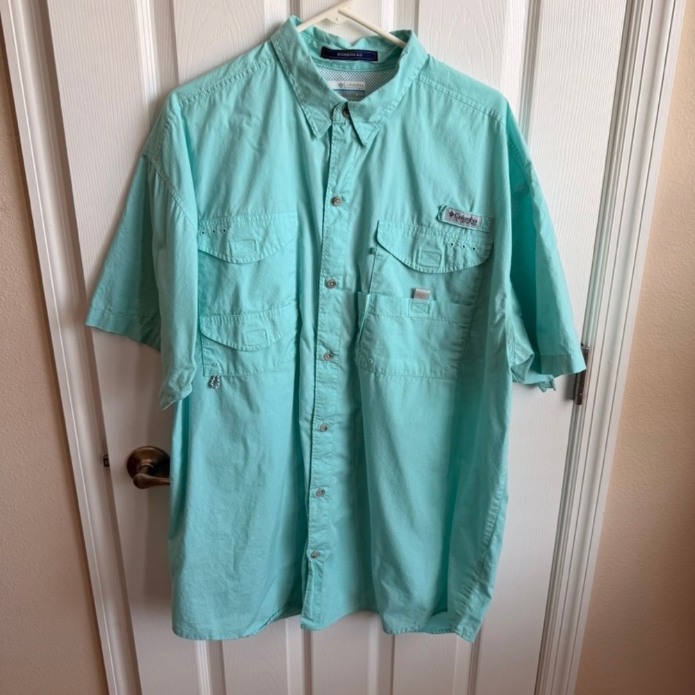 Columbia PFG Short Sleeve Fishing Shirt Aqua Mint Green Mens XL